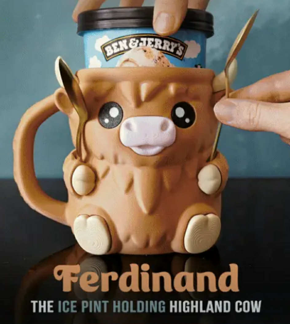 Ferdinand, the Highland Cow Ice Cream Pint Holder with Spoon Slots | Eco-Friendly 3D Print